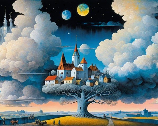 Majestic tree with whimsical village in twilight sky