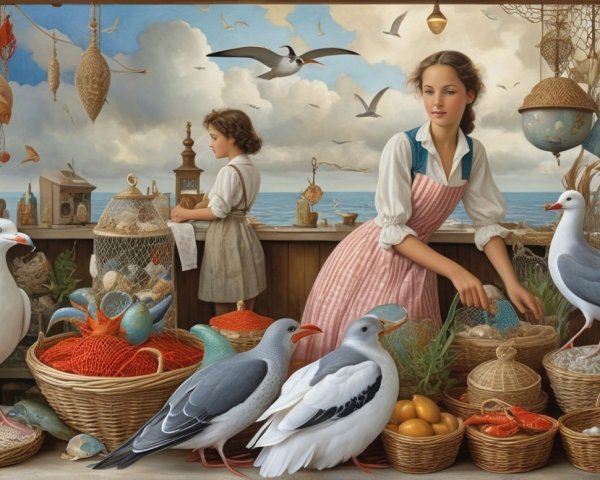 Seaside Market Scene with Colorful Marine Treasures