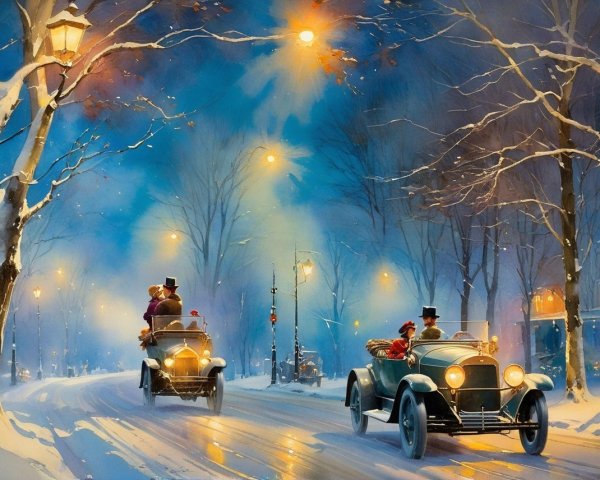 Winter Street Scene with Vintage Cars in Snow
