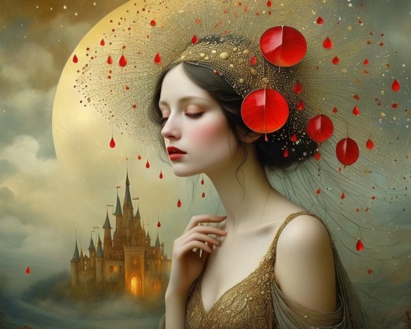 Serene woman with red blossoms in mystical setting