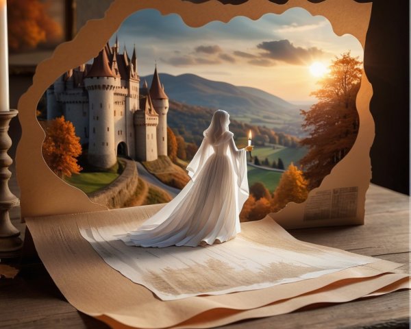 Whimsical Castle Pop-Up Scene with Sunset Background
