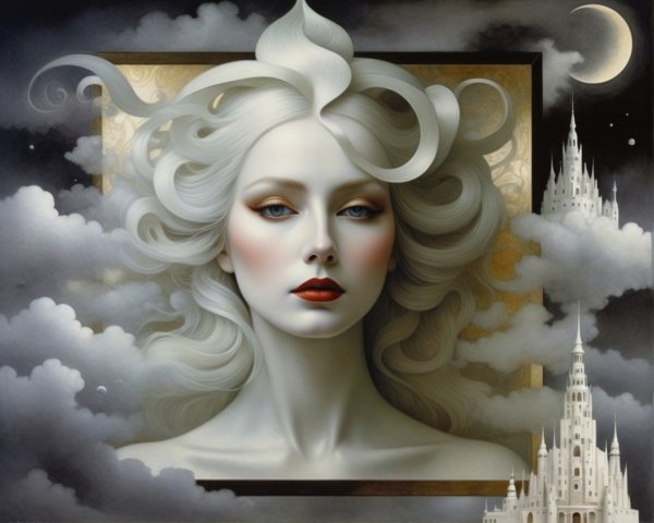 Portrait of a woman with white hair and twilight backdrop