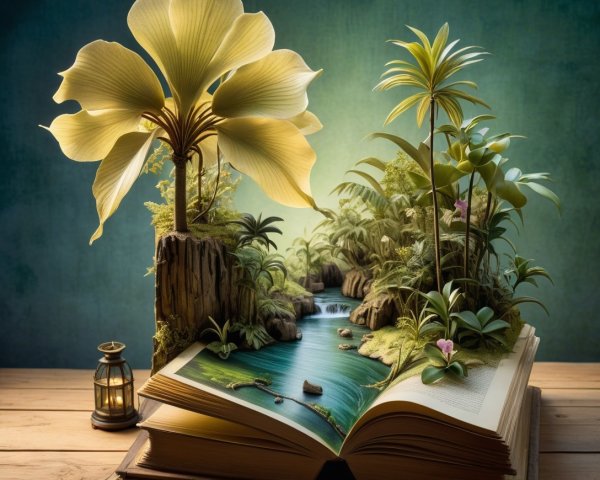 Vibrant Pop-Up Book Jungle Scene with River and Flowers