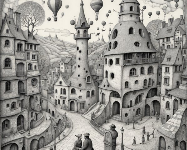 Whimsical Monochromatic Village with Quirky Architecture
