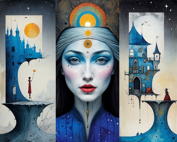 Surreal Illustration of Ethereal Woman and Castles
