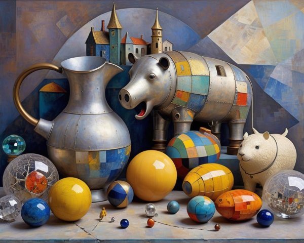 Whimsical Still Life with Metallic Pitcher and Sculptures