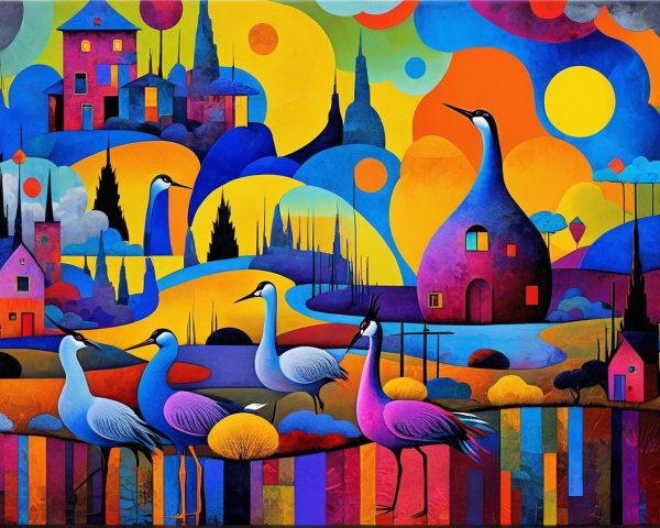 Vibrant Abstract Landscape with Cranes and Whimsical Elements