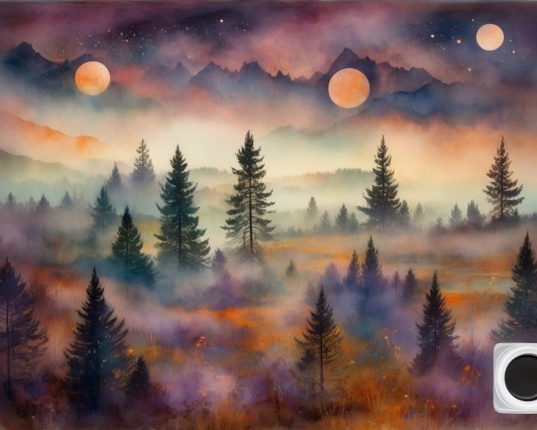 Watercolor Painting of Foggy Mountain Landscape at Night