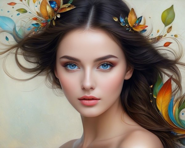 Portrait of a Young Woman with Floral Hair and Blue Eyes