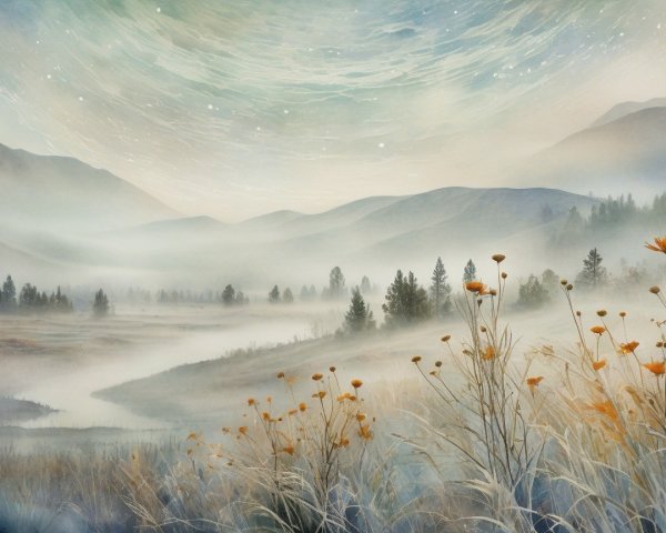 Misty Mountain Valley Watercolor Landscape Painting