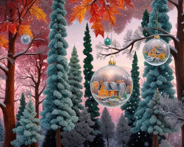 Winter Wonderland Digital Painting with Ornaments and Snow