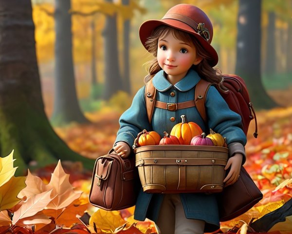 Young girl in autumn forest with pumpkins and leaves