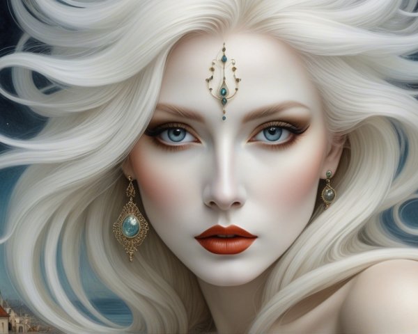 Close-up of a woman with white hair and blue eyes