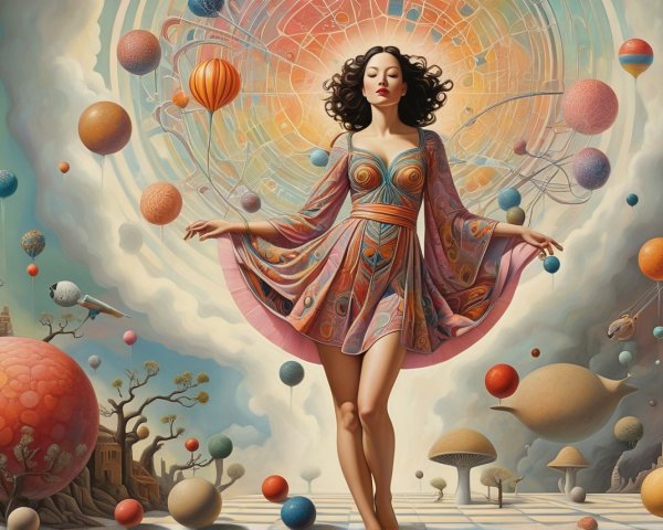 Surrealist Painting of Woman in Flowing Patterned Dress