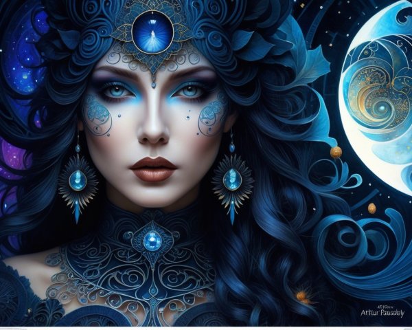 Mystical Woman with Dark Hair in Cosmic Backdrop