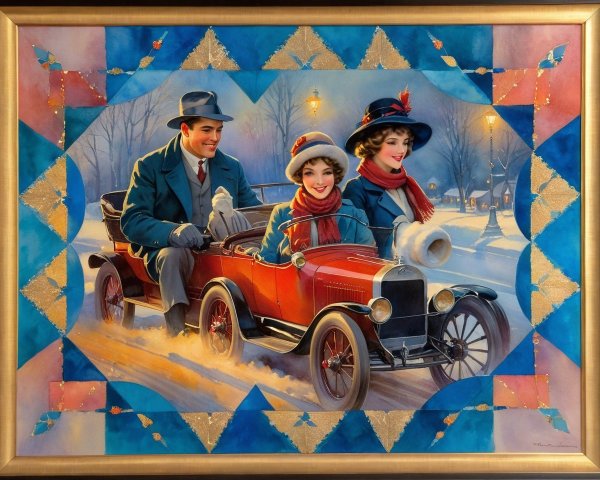 1920s Christmas Family in Vintage Red Car Painting