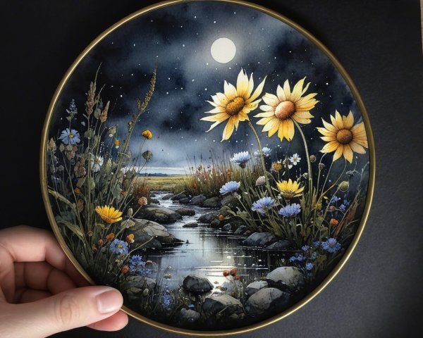 Circular Artwork of Night Scene with Sunflowers and Stream