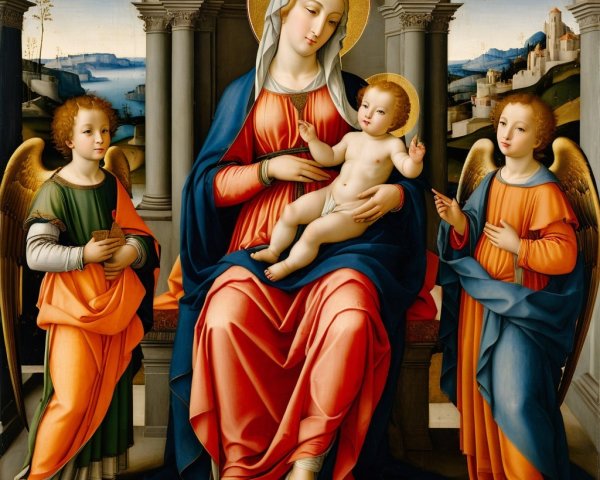 Virgin Mary and Infant Jesus with Angels in Landscape