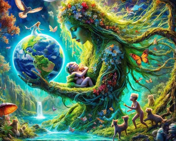 Mystical Figure Embracing Nature with Children and Wildlife
