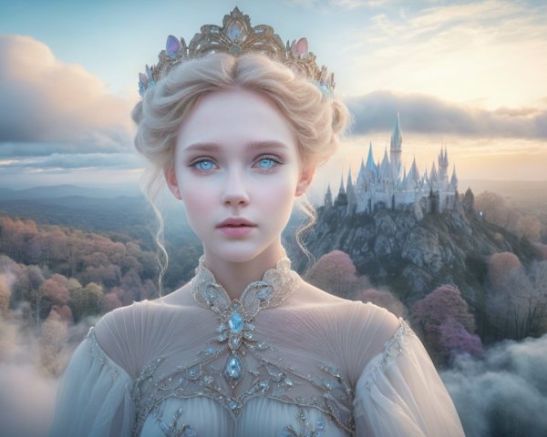 Young woman in gown gazes at distant castle at twilight