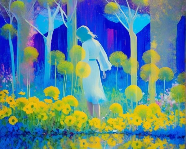 Serene landscape with vibrant flowers and flowing dress
