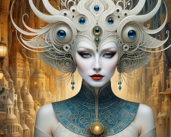 Stylized Portrait of a Woman with Ornate Headdress