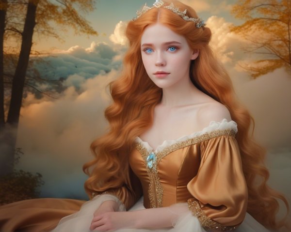 Young woman in golden gown in dreamy landscape