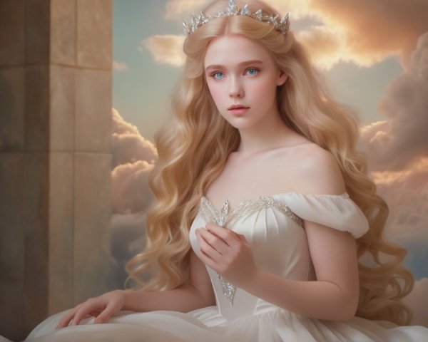 Young woman in gown with crown in ethereal landscape