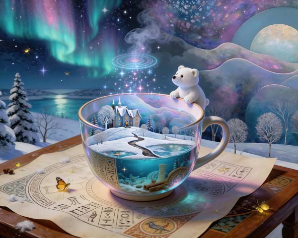 Magical Night Scene with Teacup Winter Wonderland