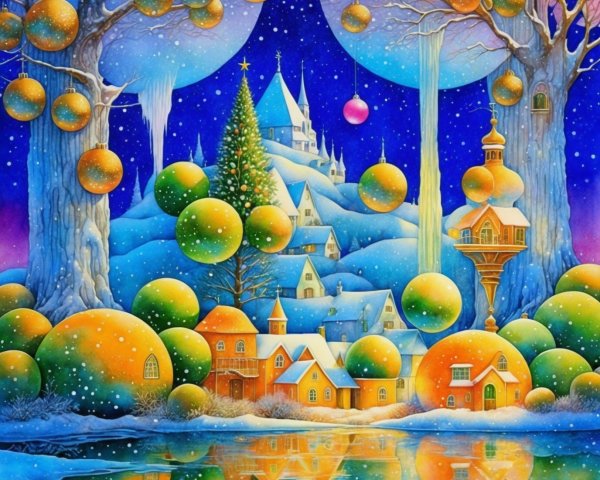 Whimsical Winter Wonderland Landscape Painting Details