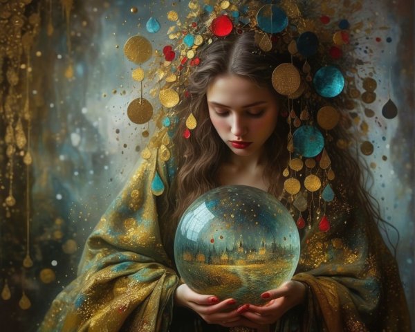 Mystical Woman with Crystal Ball in Ethereal Landscape