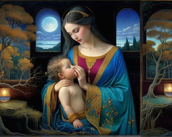 Mother and Child in a Moonlit Autumn Landscape