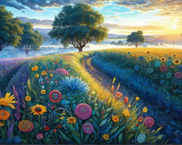Vibrant Landscape with Winding Path and Colorful Flowers