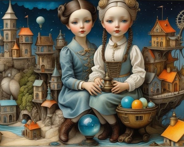 Porcelain-skinned girls in whimsical architecture scene