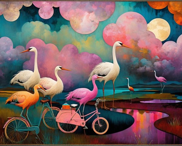 Elegant birds on colorful bicycles in a surreal scene