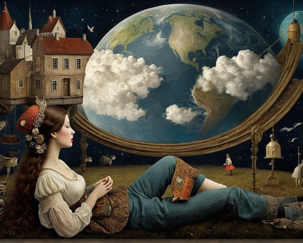 Whimsical Woman in Surreal Landscape with Oversized Objects
