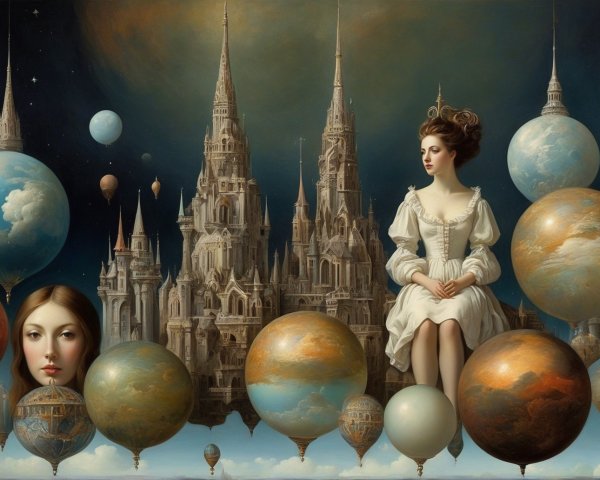 Majestic Gothic Castle Surrounded by Colorful Balloons