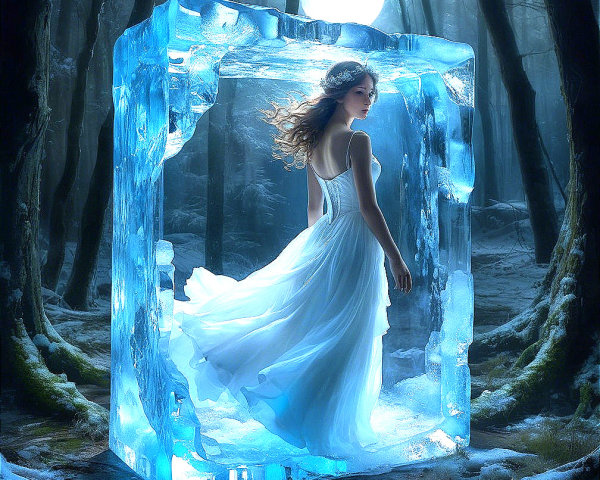 Serene Figure in Ice Cube Surrounded by Mystical Forest
