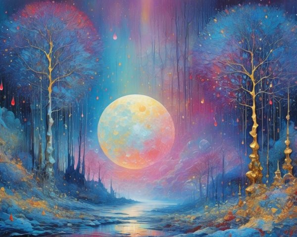 Ethereal Landscape with Vibrant Moon and Tranquil River