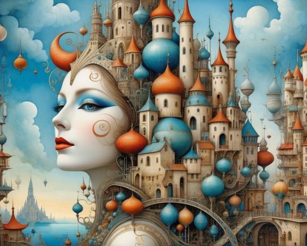 Surreal Landscape with Woman's Face and Fantastical City