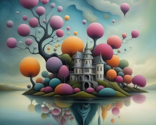 Whimsical Fantasy Landscape with Charming Castle