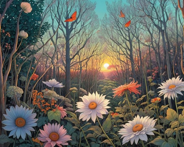 Tranquil Forest Scene at Sunset with Vibrant Flowers