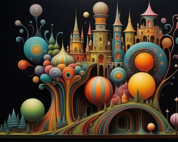 Vibrant Whimsical Landscape with Fantastical Elements