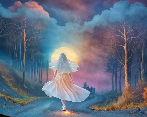 Whimsical Illustration of a Woman Walking Toward Moon