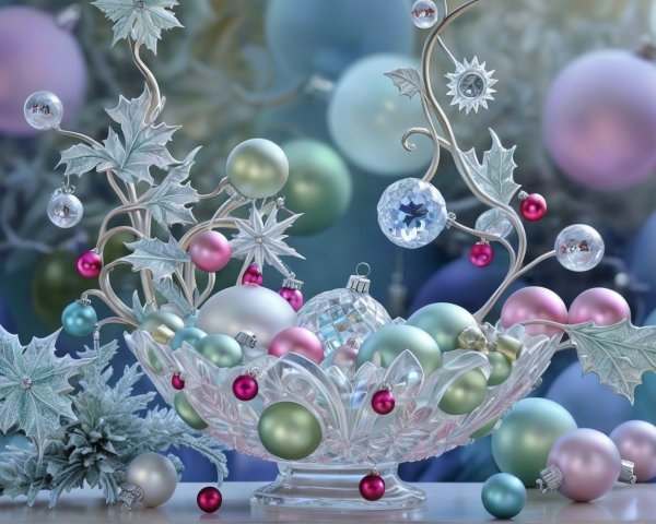 Glass Bowl with Colorful Pastel Christmas Ornaments