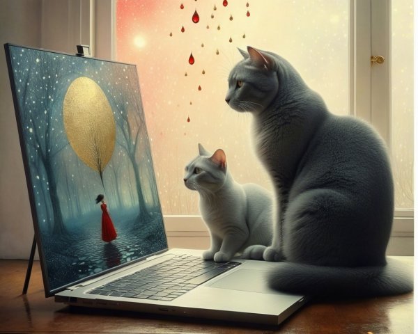 Gray Cats Beside Laptop with Whimsical Forest Image