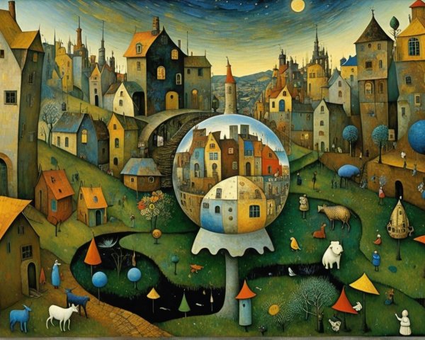 Whimsical Village Landscape with Colorful Features