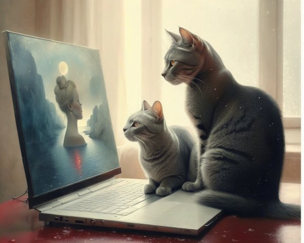 Grey Cats Observing a Laptop with Serene Image