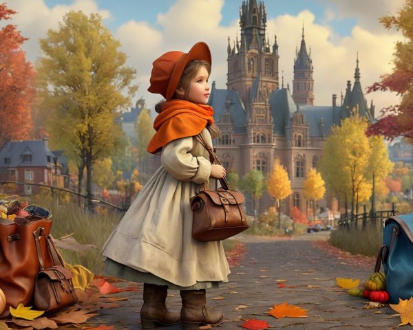 Young girl in autumn attire near a castle backdrop