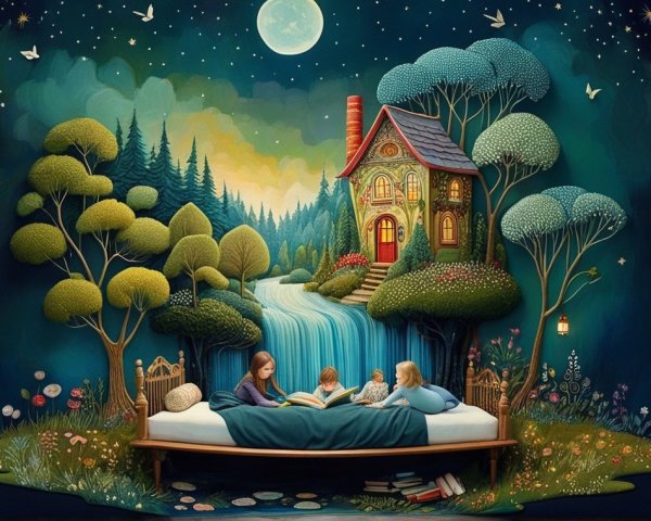 Cozy Bedroom with Enchanted Landscape and Fairytale Elements